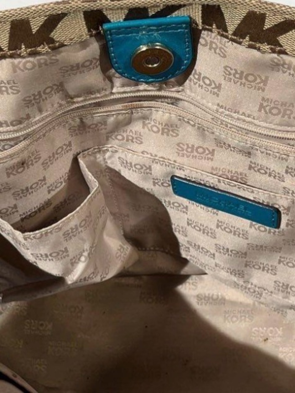Michael Kors Beige Tote with Turquoise Accents